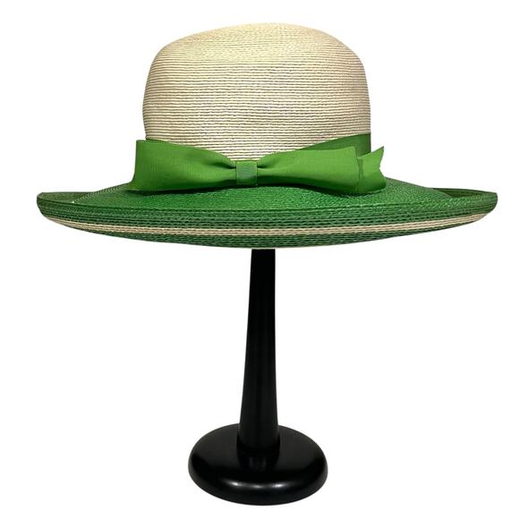 Adele Claire Vintage Hat Women’s Wide Brim Woven Derby Green Ivory Bow Fancy - Picture 6 of 8
